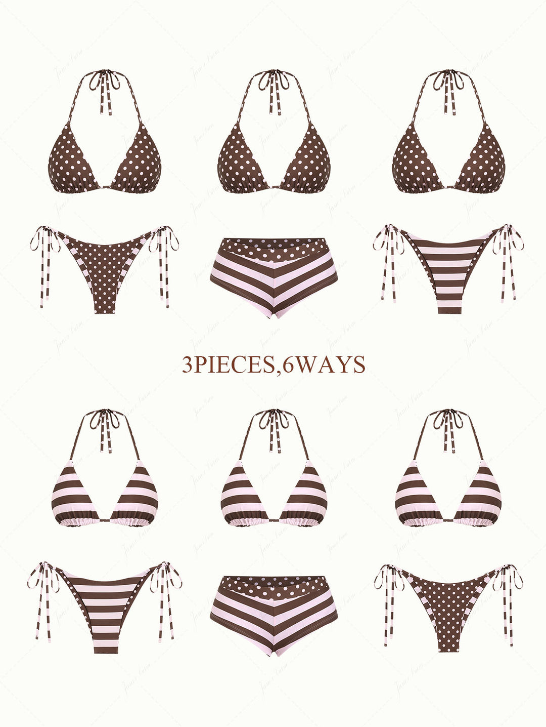 Pink Striped Polka Dot Triangle Reversible Top & Cheeky Boyshorts Bikini Set