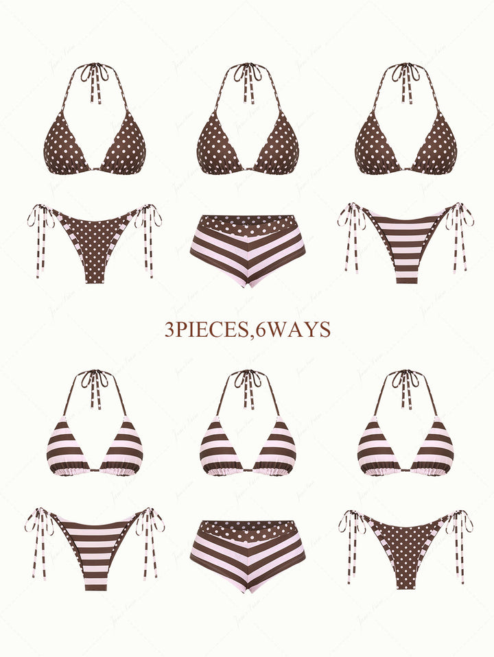 Pink Striped Polka Dot Triangle Reversible Top & Cheeky Boyshorts Bikini Set