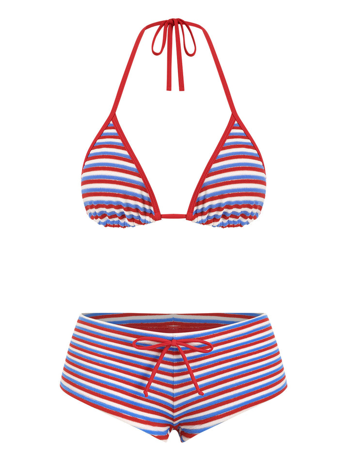 Seamolly Toweling Terry Cloth Striped Contrast Binding Cheeky Boyshorts Bikini Set for 4th of July