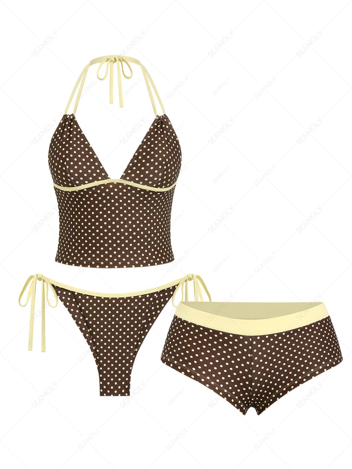 Seamolly 3 Piece Polka Dot Halter String Brazilian Cheeky Boyshort Tankini Set