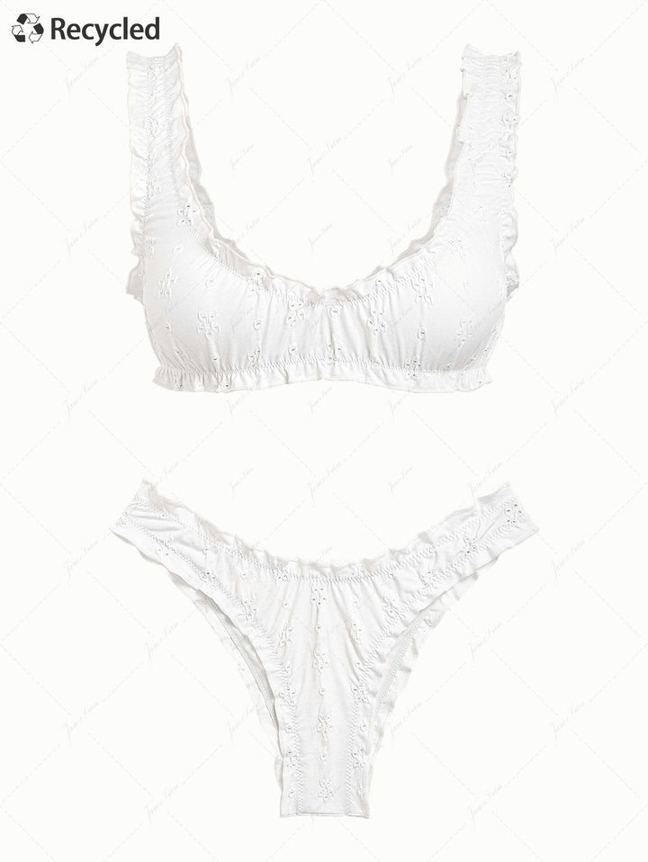 White Recycled Fabric Jacquard Ruffles Edge Bralette Bikini Set