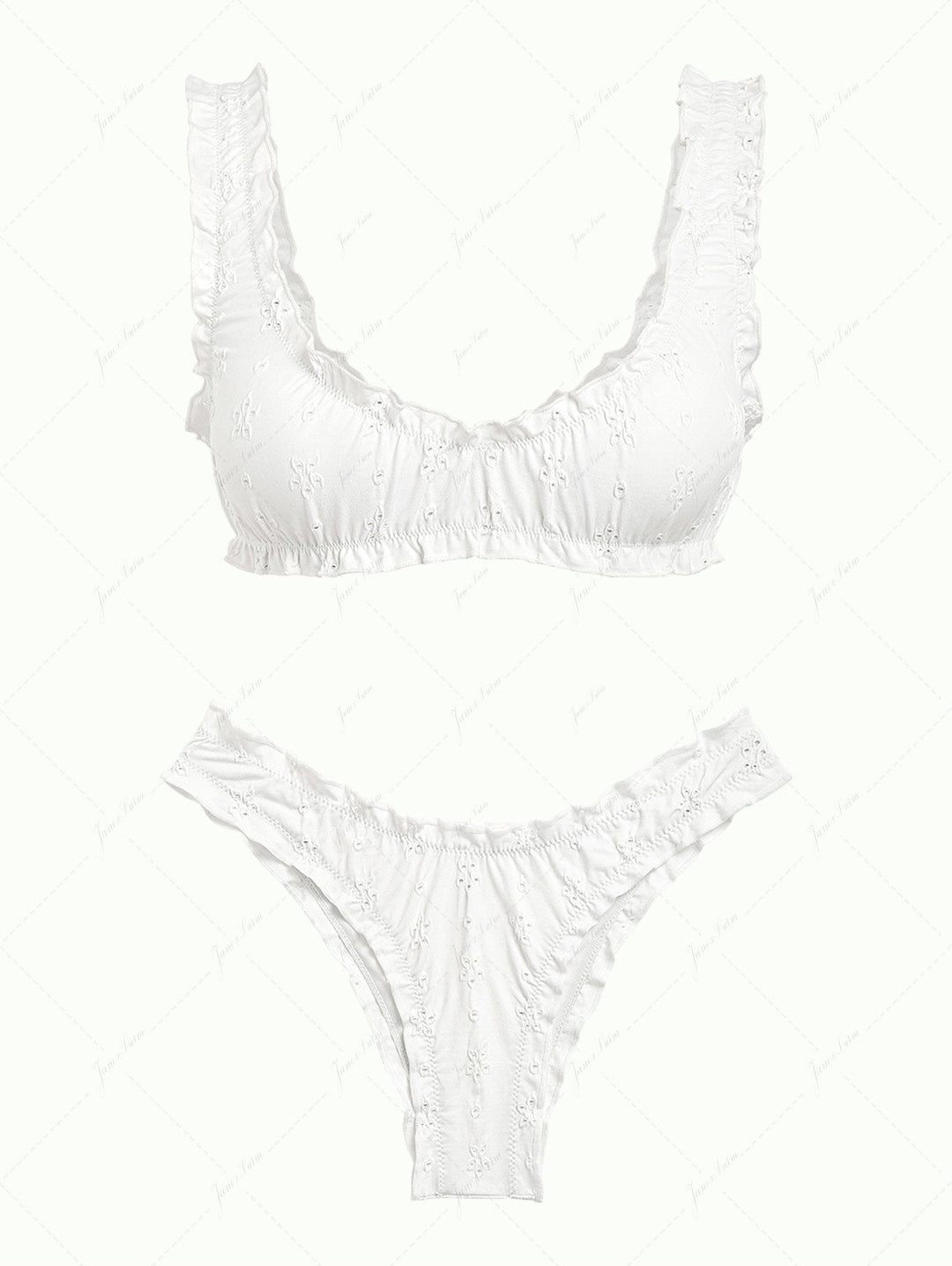 White Recycled Fabric Jacquard Ruffles Edge Bralette Bikini Set
