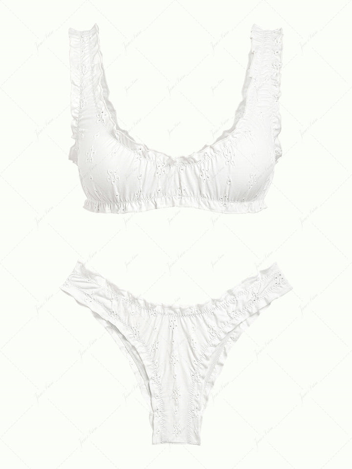 White Recycled Fabric Jacquard Ruffles Edge Bralette Bikini Set