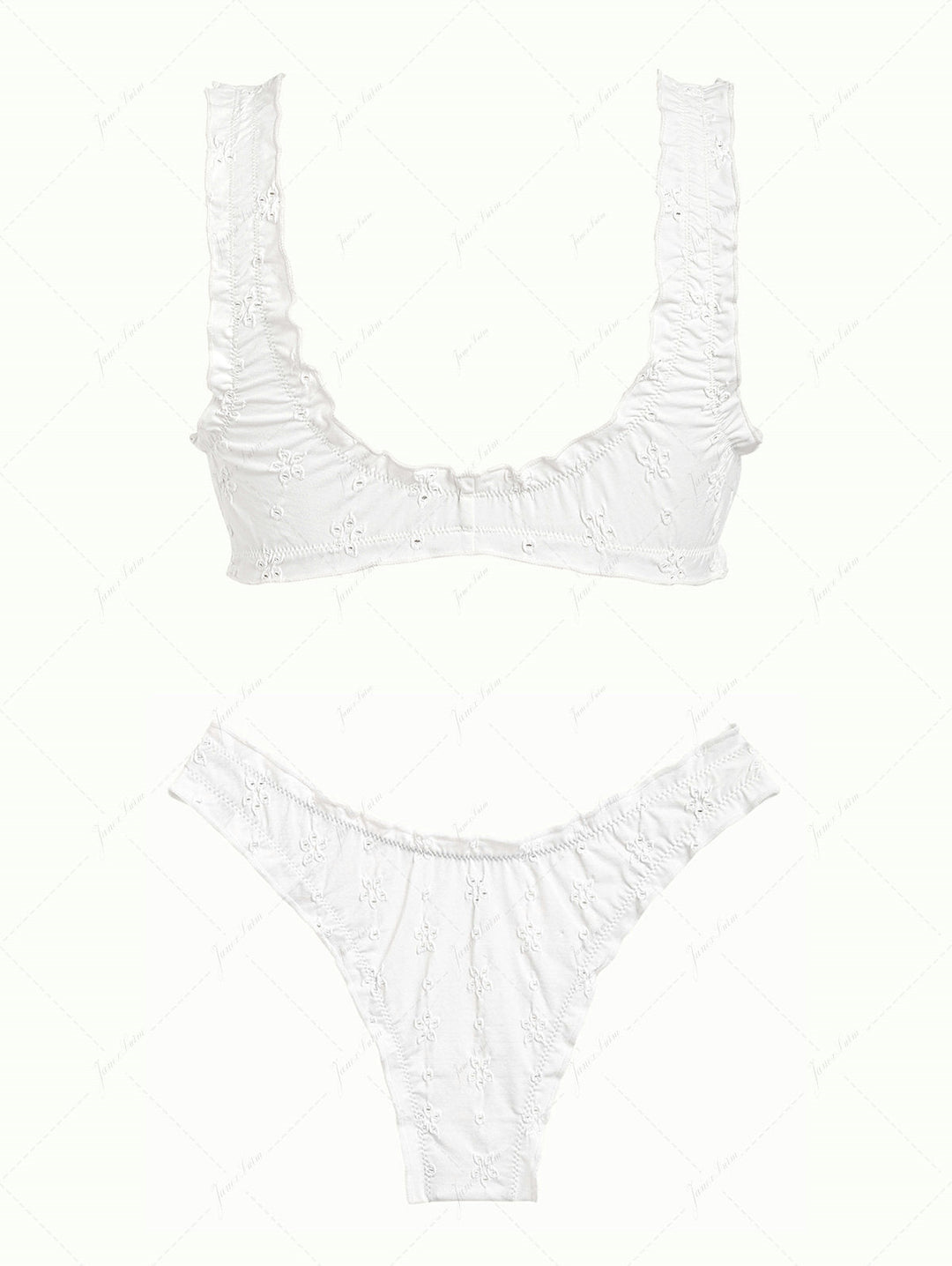 White Recycled Fabric Jacquard Ruffles Edge Bralette Bikini Set