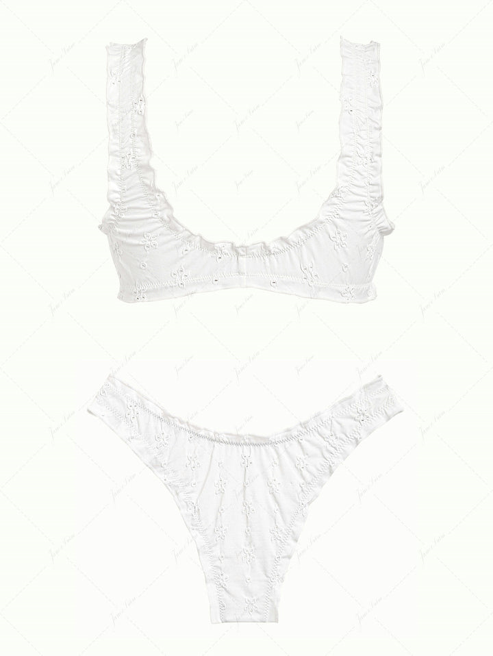 White Recycled Fabric Jacquard Ruffles Edge Bralette Bikini Set
