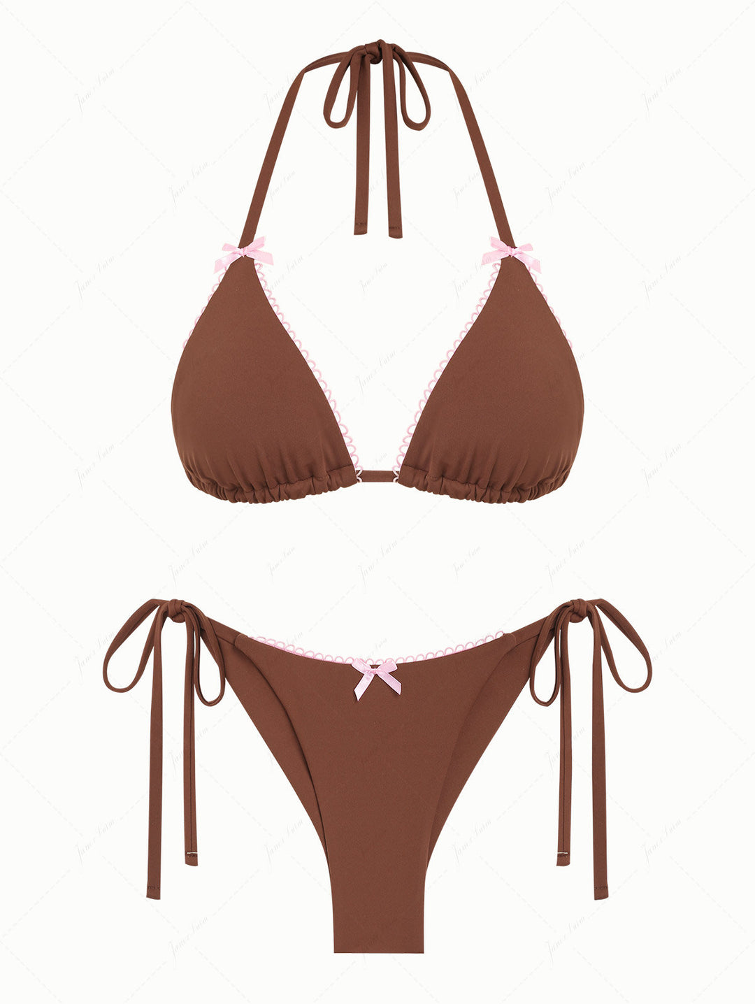 Coffee Contrast Picot Bowknot Halter Triangle Top & Cheeky Brazilian Bottom Bikini Set