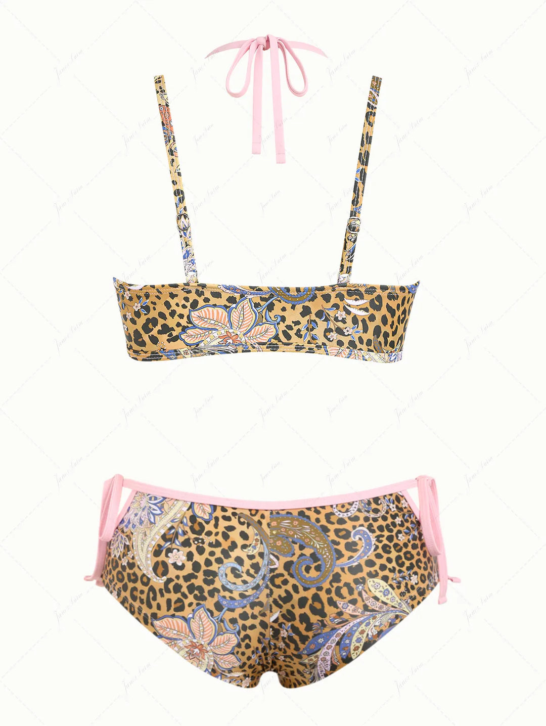Brown Leopard Paisley Print Double Layer Top & Cutout Tie Cheeky Boyshorts Bikini Set