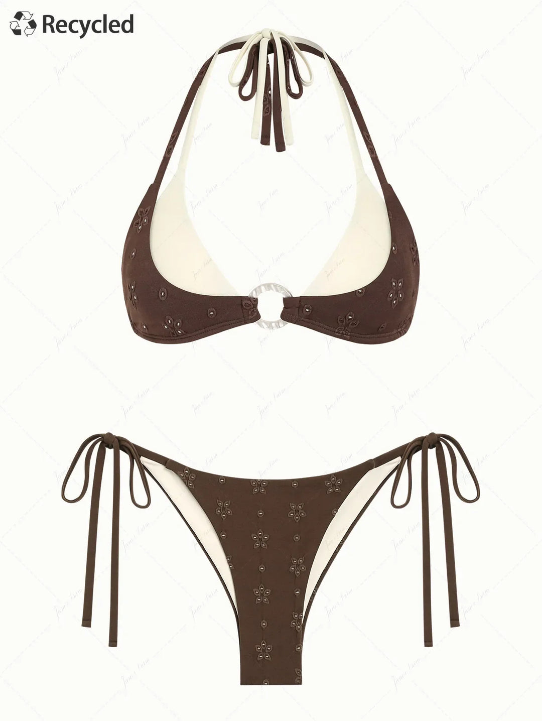 Deep Coffee Recycled Fabric Jacquard O Ring Double Layer Top  & Cheeky Brazilian Bottom Bikini Set