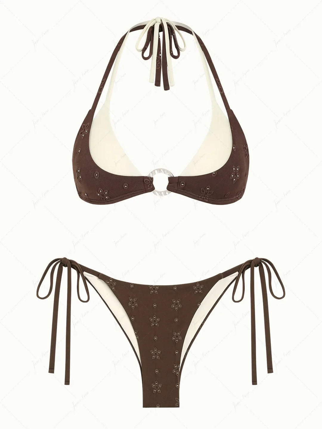 Deep Coffee Recycled Fabric Jacquard O Ring Double Layer Top  & Cheeky Brazilian Bottom Bikini Set