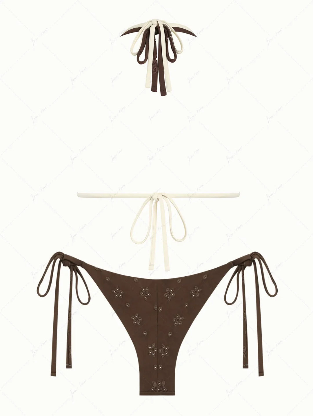 Deep Coffee Recycled Fabric Jacquard O Ring Double Layer Top  & Cheeky Brazilian Bottom Bikini Set