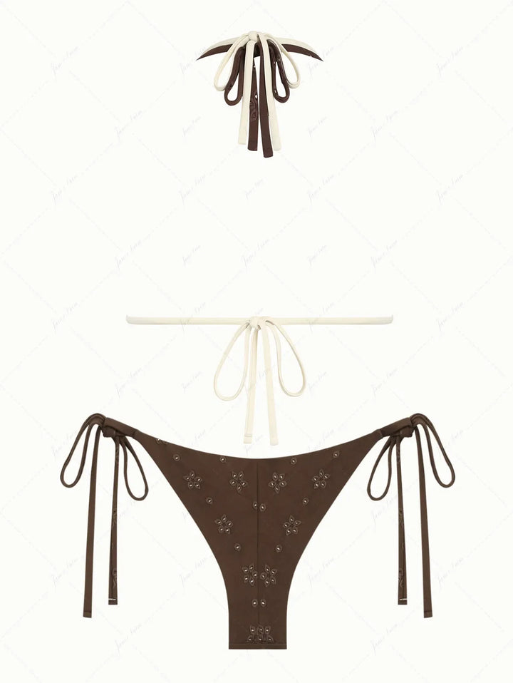 Deep Coffee Recycled Fabric Jacquard O Ring Double Layer Top  & Cheeky Brazilian Bottom Bikini Set