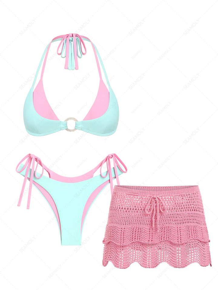 Seamolly 3 Piece Swimsuit - Colorblock Two Tone O Ring Double Layer Bikini Set & Cover Up Skirt