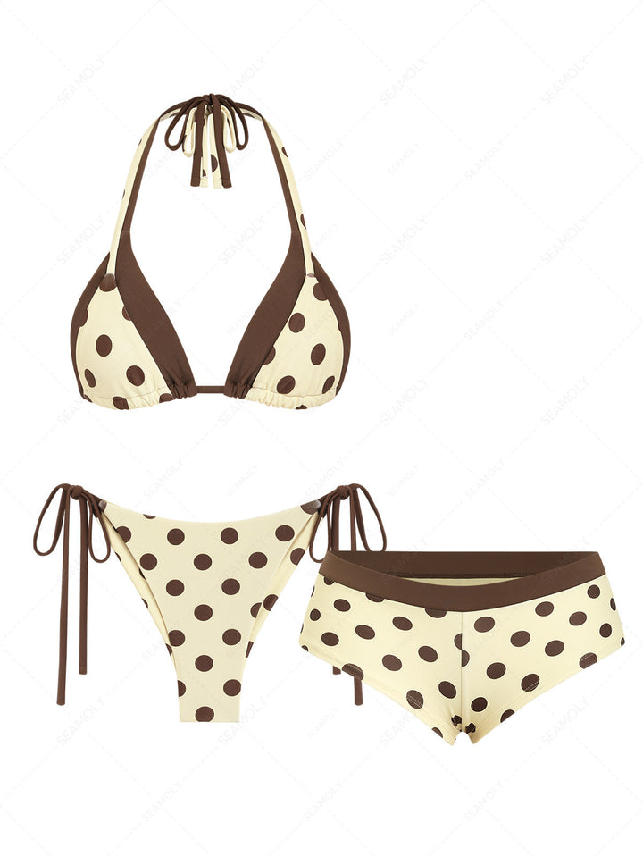 Seamolly 3 Piece Polka Dot Double Layer Brazilian Cheeky Boyshort Bikini Set