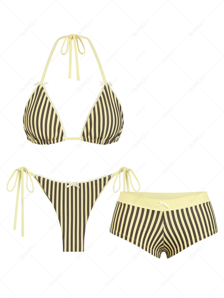 Seamolly 3 Piece Striped Bowknot Triangle Brazilian Cheeky Boyshort Bikini Set