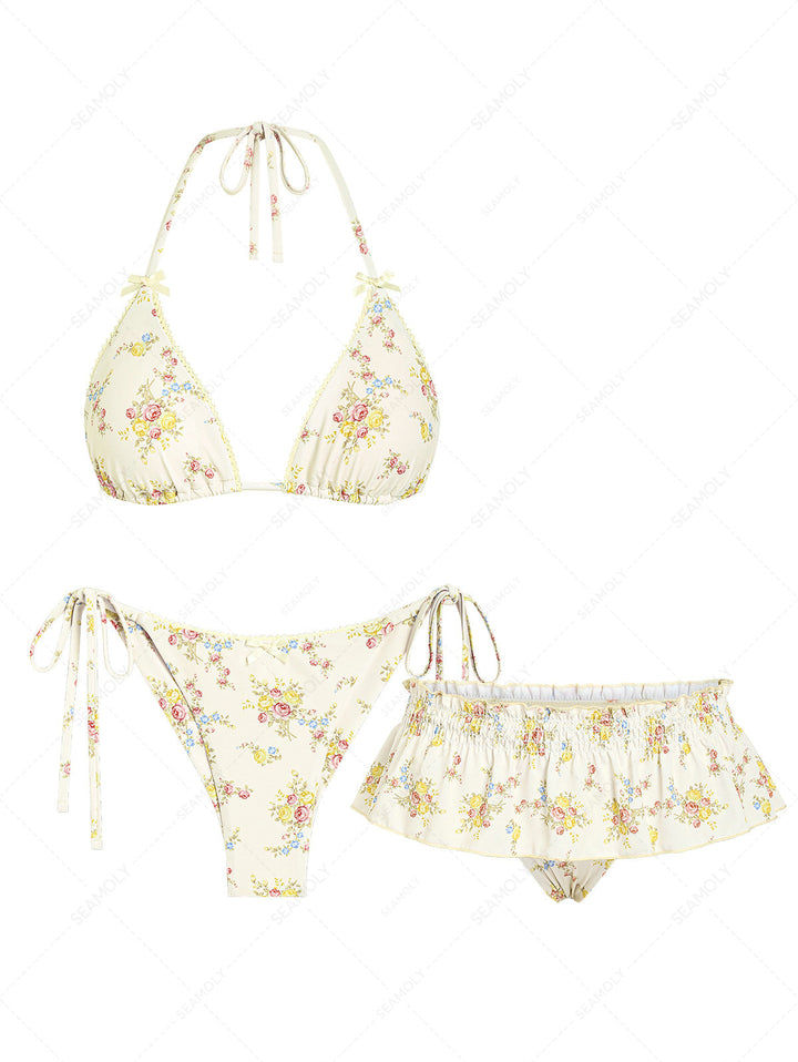 Seamolly 3 Piece Floral Print Lace Bowknot Triangle Cheeky Brazilian Skirtini Bikini Set