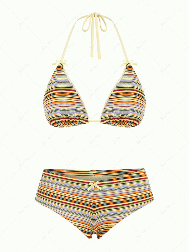 Yellow Ribbed Striped Lace Bowknot Triangle Cheeky Boyshorts Bikini Set
