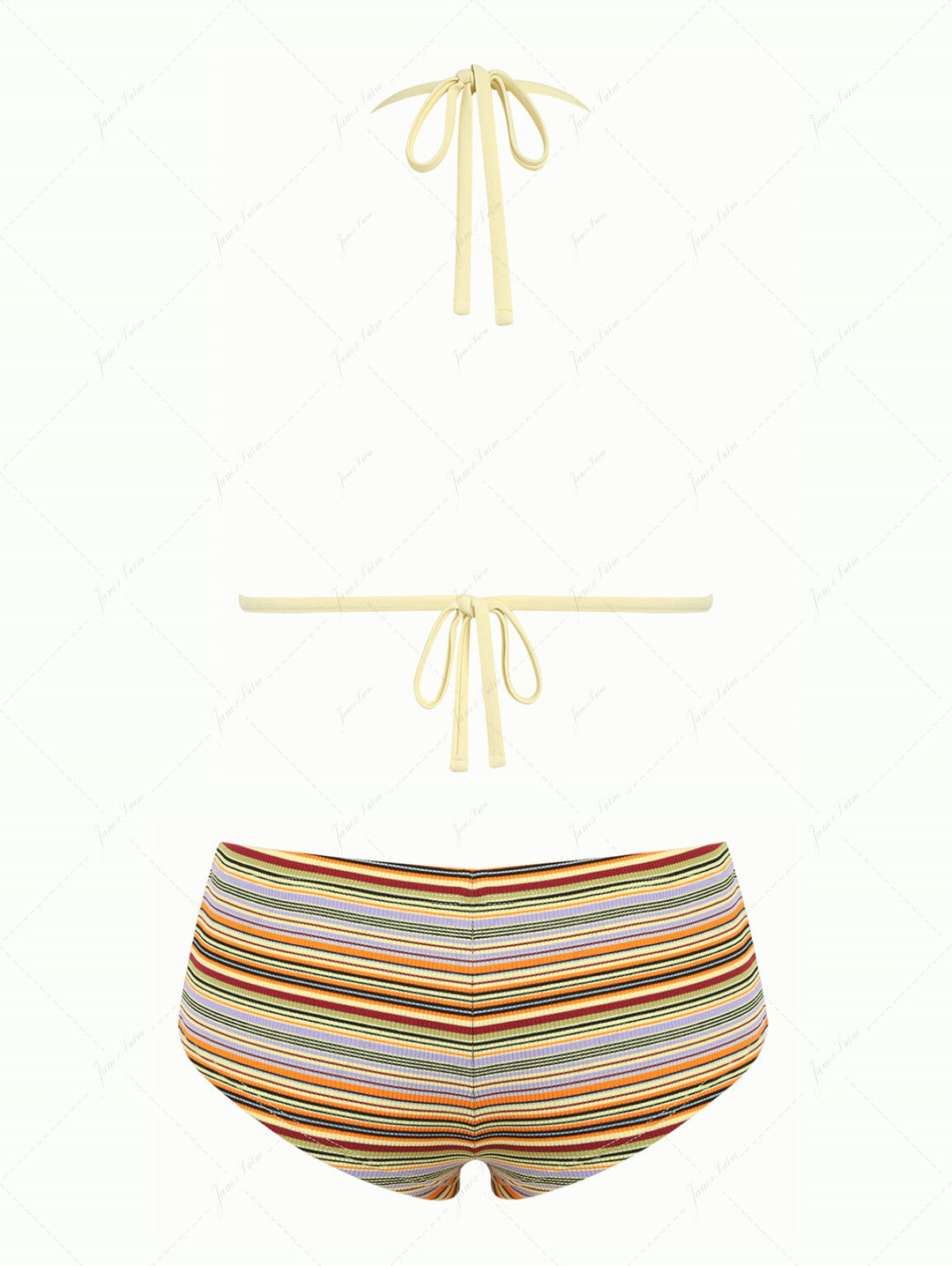Yellow Ribbed Striped Lace Bowknot Triangle Cheeky Boyshorts Bikini Set