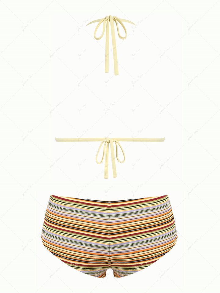 Yellow Ribbed Striped Lace Bowknot Triangle Cheeky Boyshorts Bikini Set
