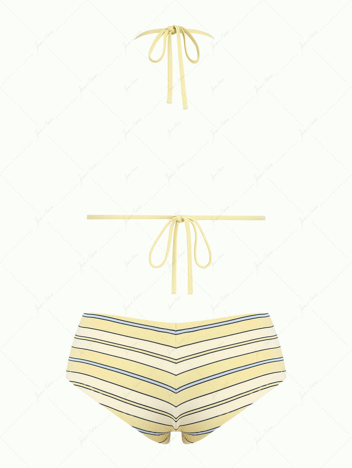 Yellow Striped Bowknot Halter Triangle Cheeky Boyshorts Bikini Set