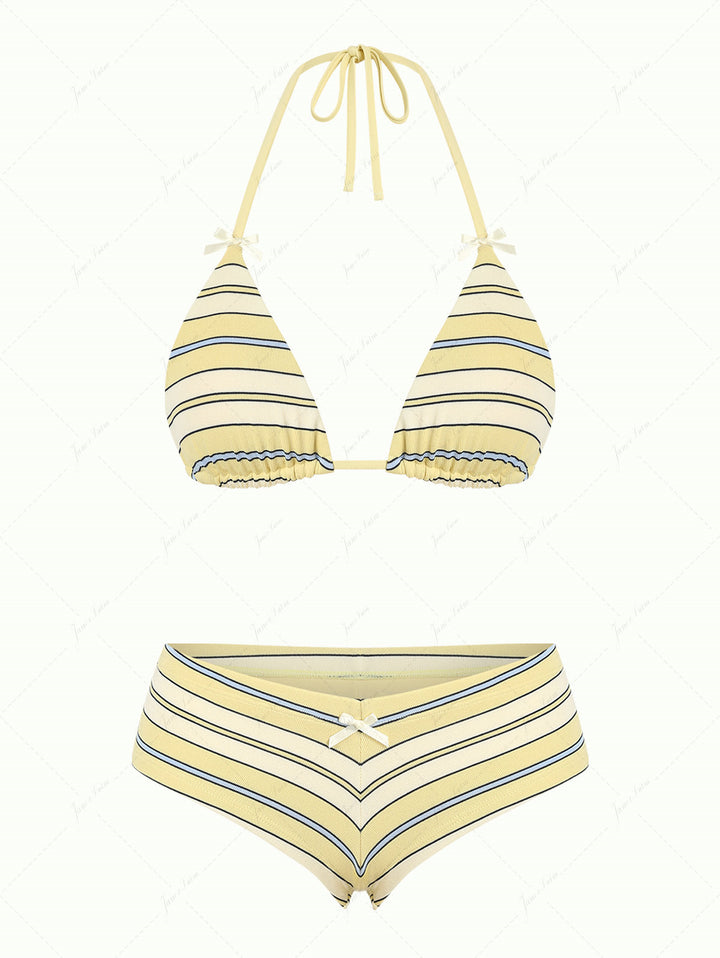 Yellow Striped Bowknot Halter Triangle Cheeky Boyshorts Bikini Set