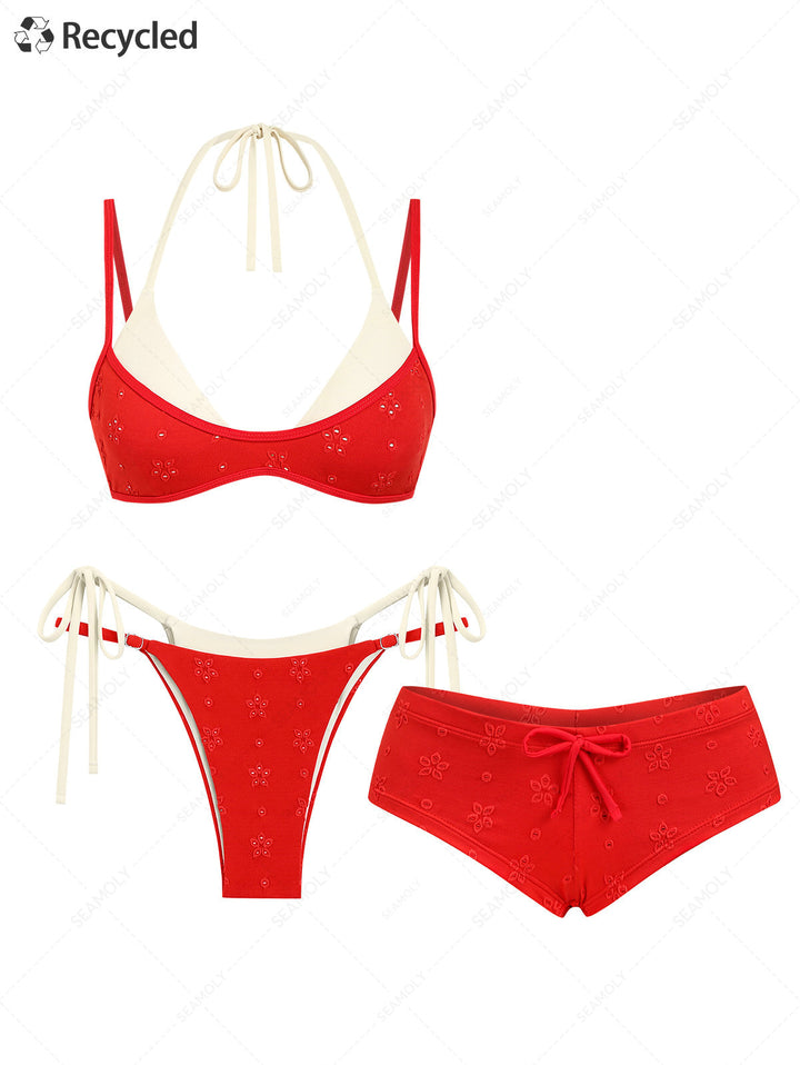Seamolly 3 Piece Recycled Fabric Jacquard String Double Layer Cheeky Boyshort Bikini Set