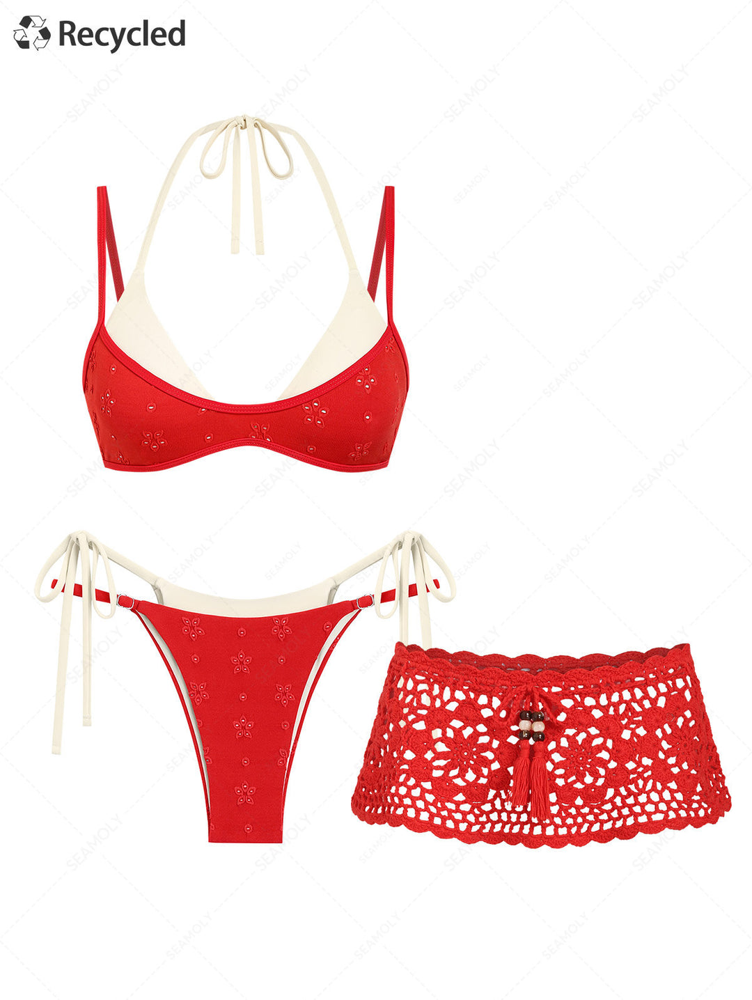Seamolly 3 Piece Swimsuit - Recycled Fabric Jacquard Double Layer Bikini Set & Crochet Skirt Cover Up