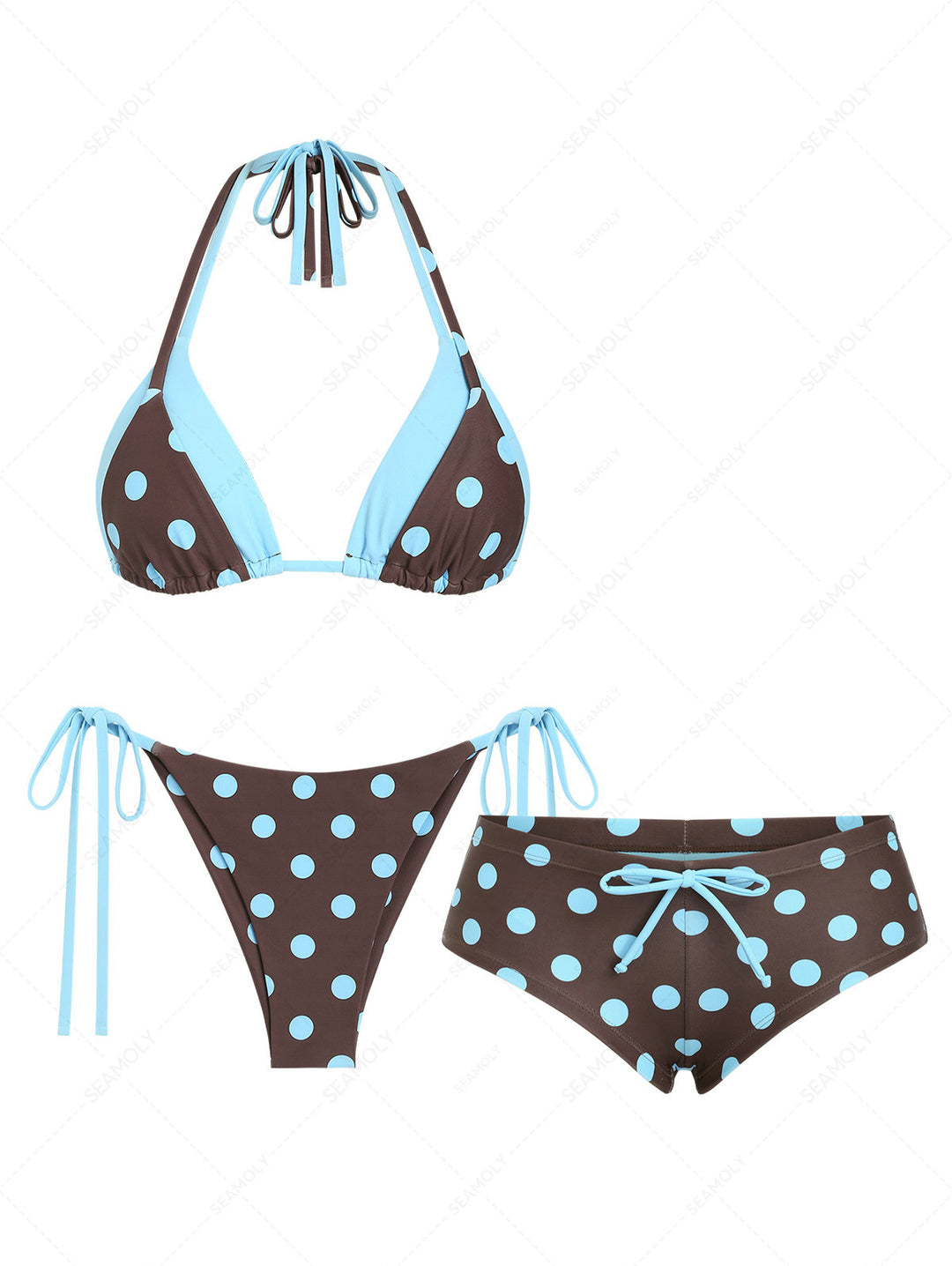 Seamolly 3 Piece Polka Dot Double Layer String Brazilian Cheeky Boyshort Bikini Set