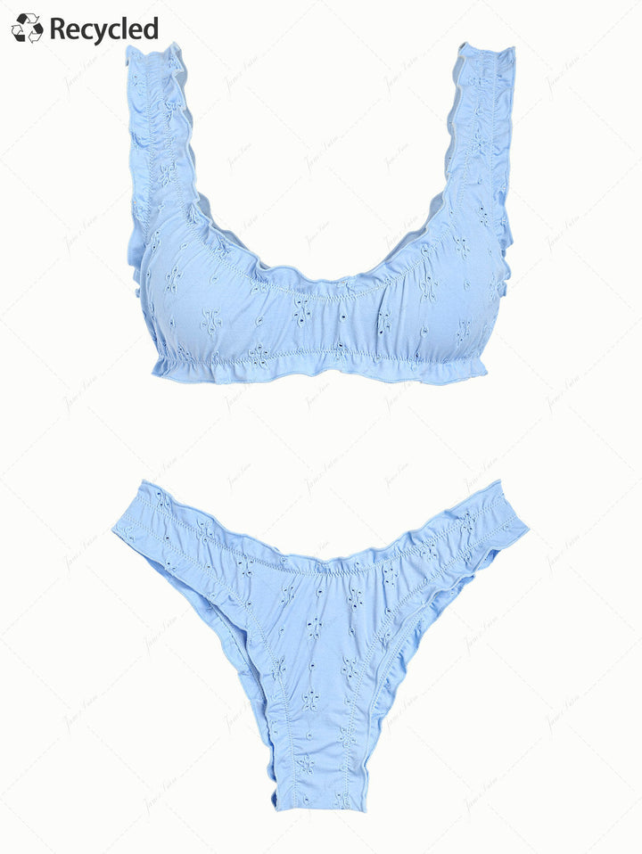 Light Blue Recycled Fabric Jacquard Ruffles Edge Bralette Bikini Set