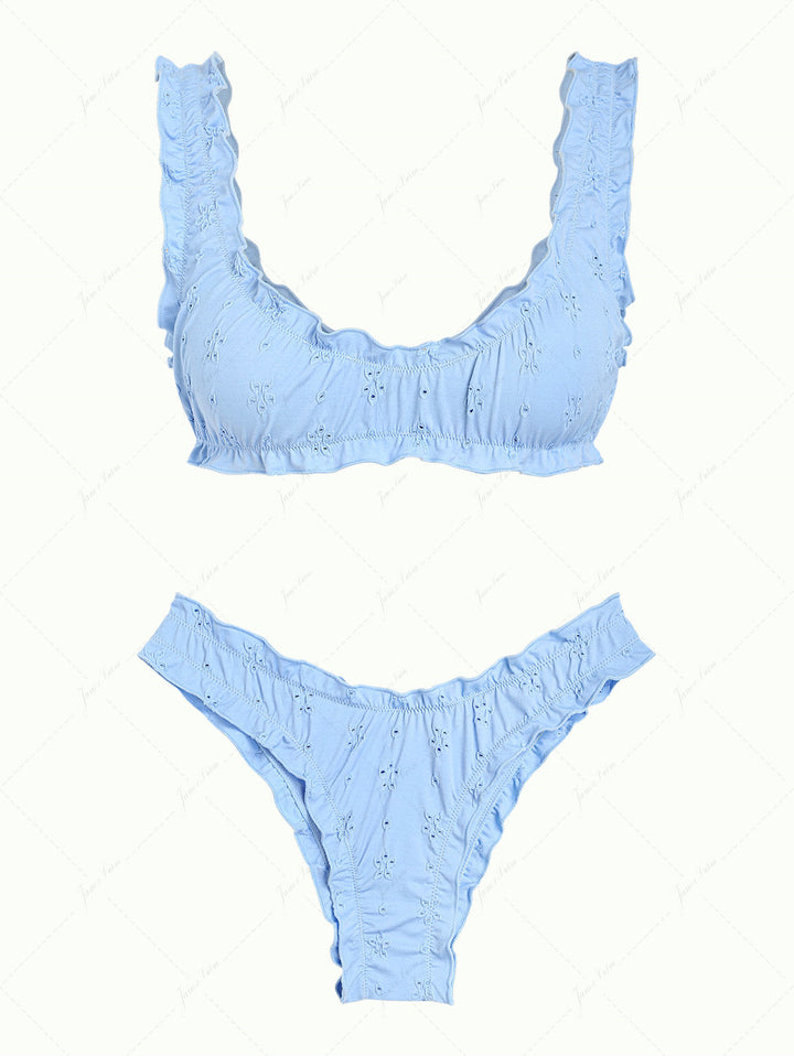 Light Blue Recycled Fabric Jacquard Ruffles Edge Bralette Bikini Set