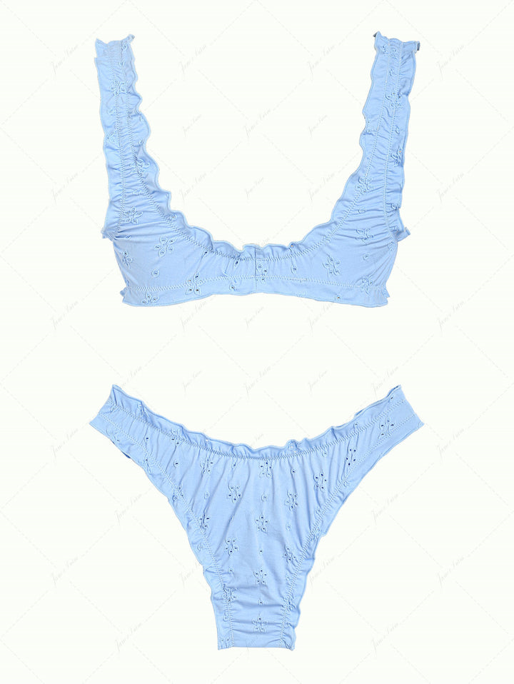 Light Blue Recycled Fabric Jacquard Ruffles Edge Bralette Bikini Set
