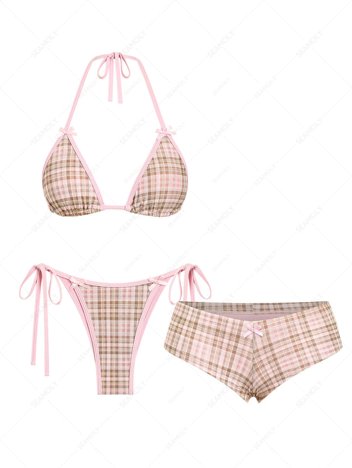 Seamolly 3 Piece Contrast Binding Plaid Bowknot Triangle Cheeky Boyshort Bikini Set