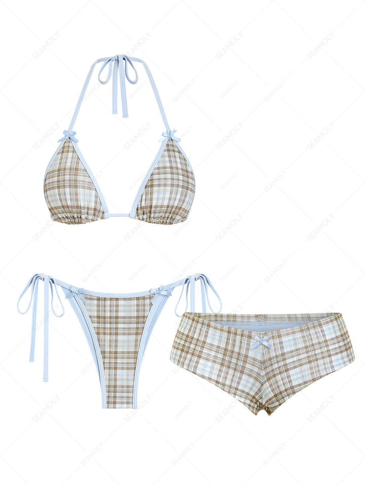 Seamolly 3 Piece Contrast Binding Plaid Bowknot Triangle Cheeky Boyshort Bikini Set