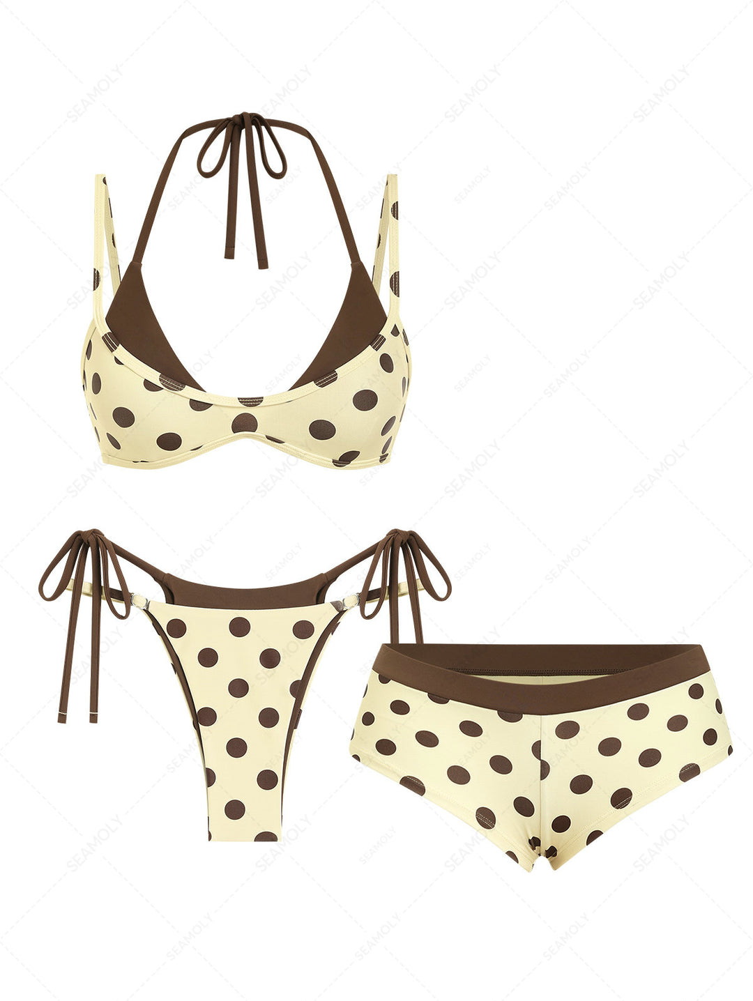 Seamolly 3 Piece Contrast Color Polka Dot String Double Layer Cheeky Boyshort Bikini Set