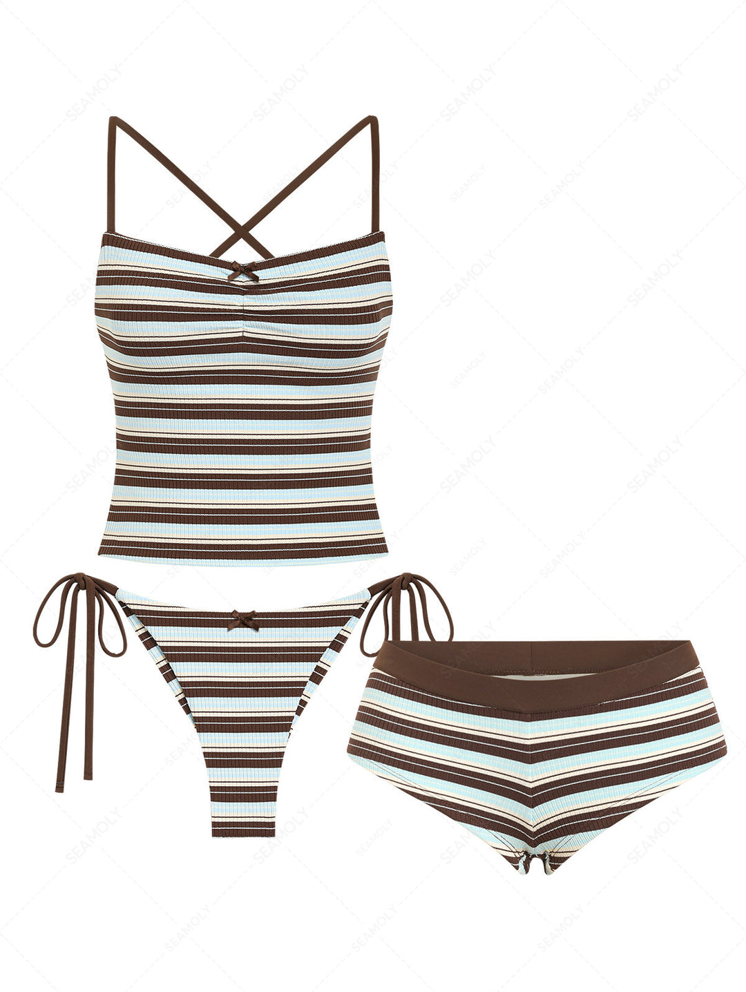 Seamolly 3 Piece Striped Crisscross Lace Up Brazilian Cheeky Boyshort Tankini Set