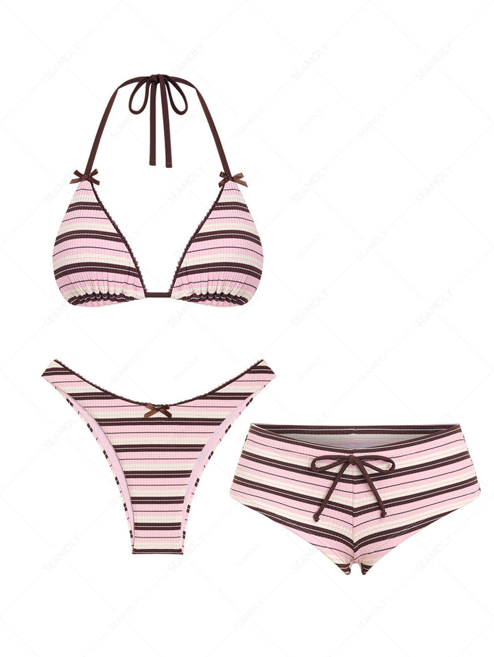 Seamolly 3 Piece Striped Lace Bowknot Triangle Cheeky Boyshort Bikini Set