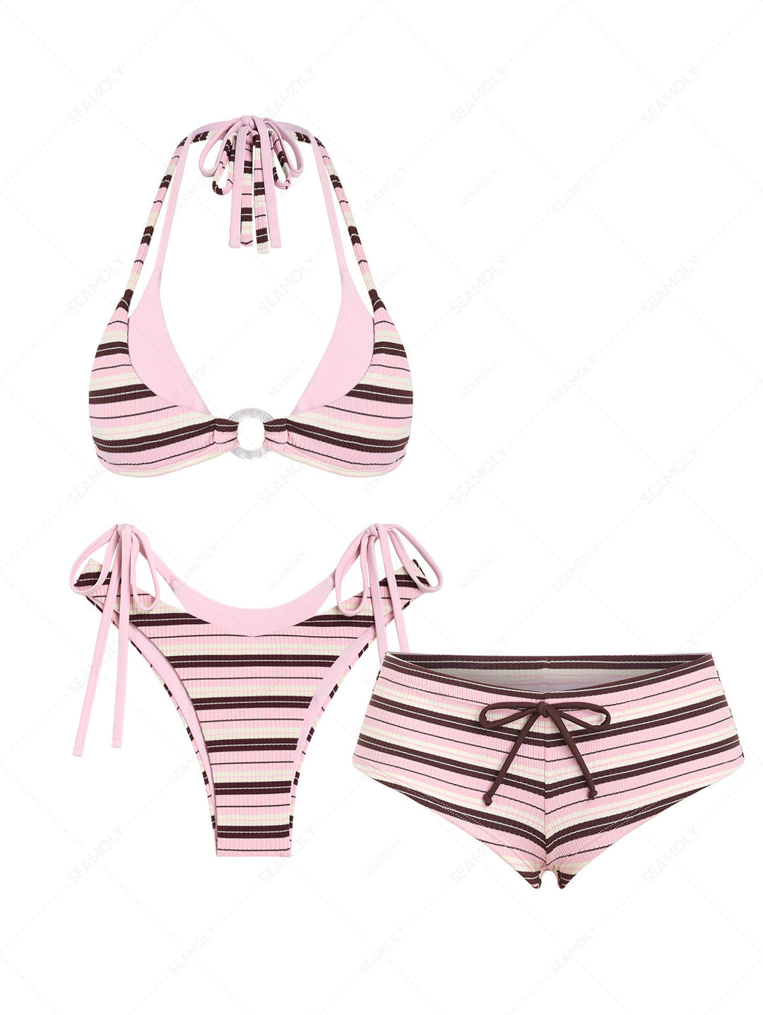 Seamolly 3 Piece Striped O Ring Double Layer Cheeky Boyshort Bikini Set