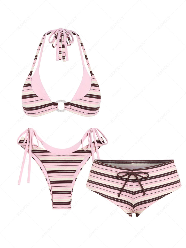 Seamolly 3 Piece Striped O Ring Double Layer Cheeky Boyshort Bikini Set