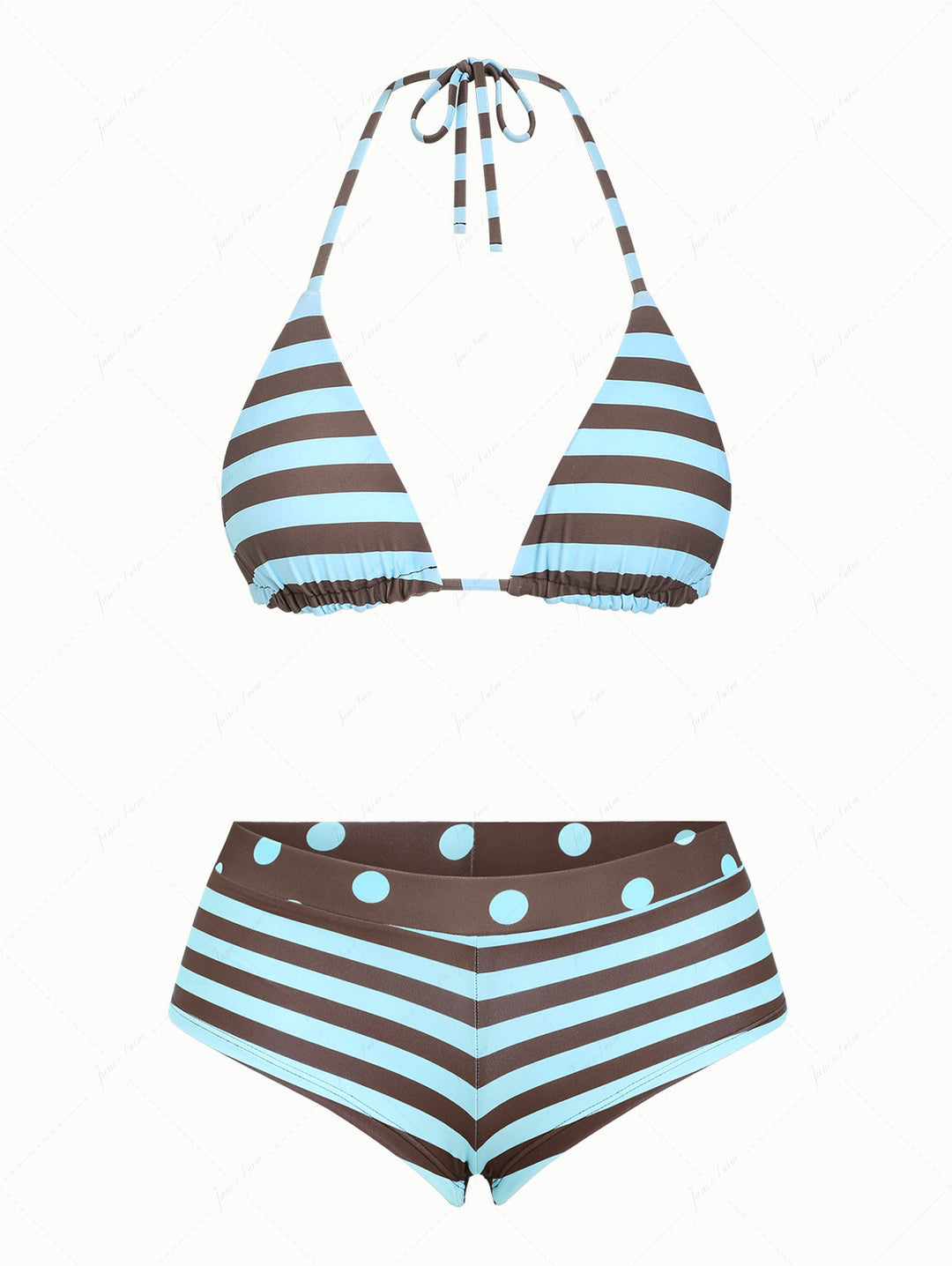 Coffee Striped Polka Dot Triangle Reversible Top & Cheeky Boyshorts Bikini Set