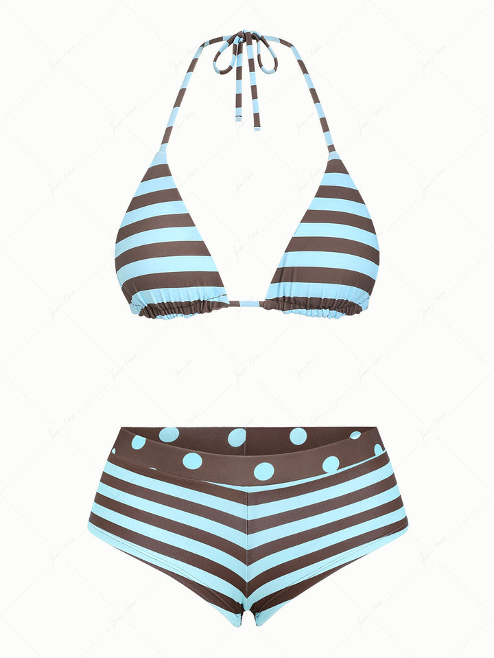 Coffee Striped Polka Dot Triangle Reversible Top & Cheeky Boyshorts Bikini Set