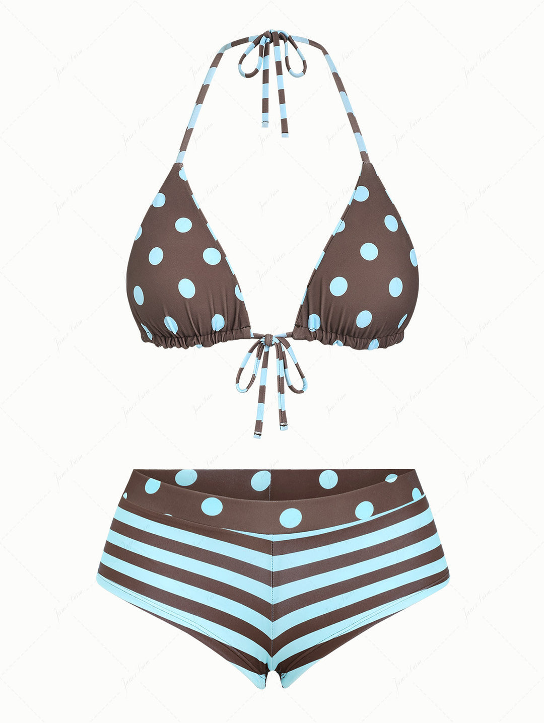 Coffee Striped Polka Dot Triangle Reversible Top & Cheeky Boyshorts Bikini Set