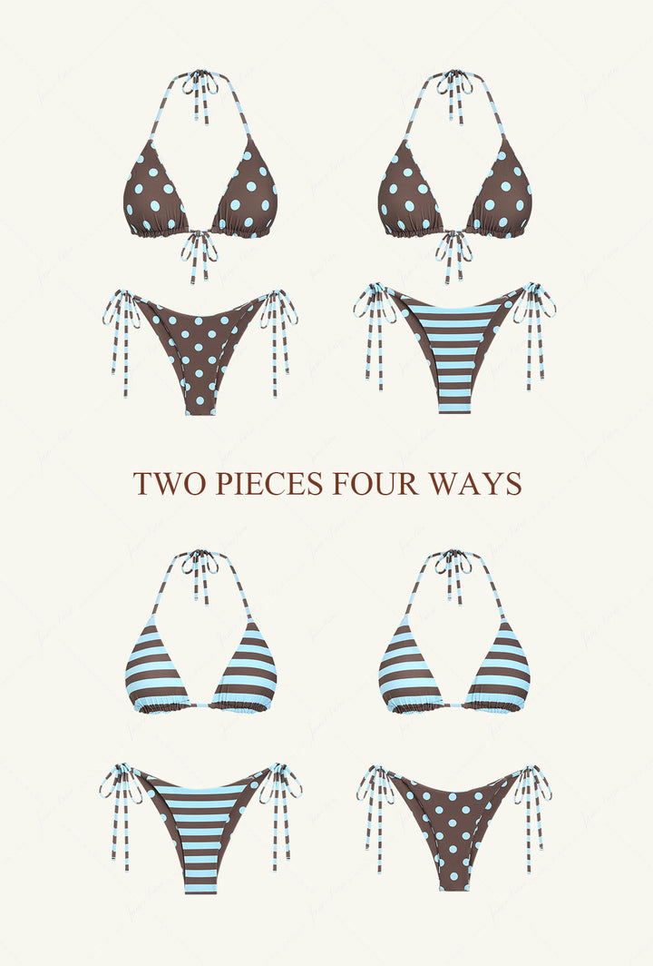 Coffee Striped Polka Dot Triangle Top & Cheeky Brazilian Bottom Reversible Bikini Set