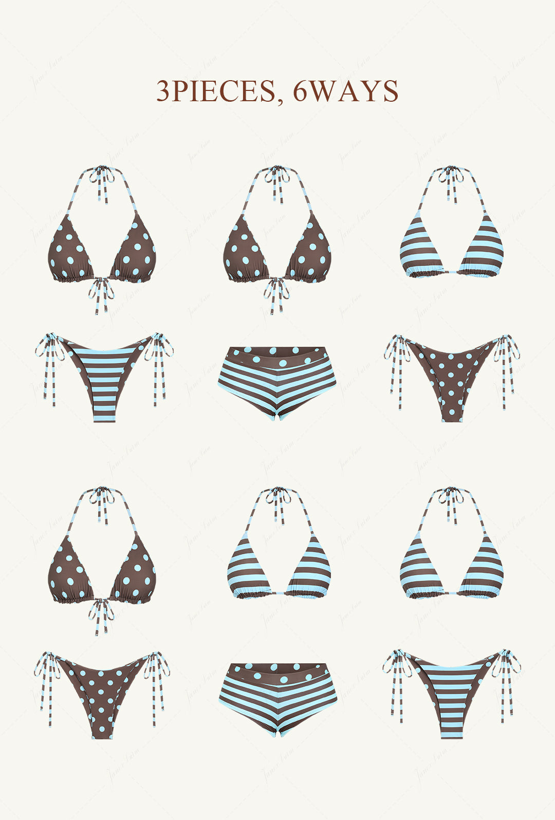 Coffee Striped Polka Dot Triangle Reversible Top & Cheeky Boyshorts Bikini Set