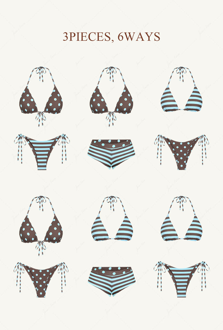 Coffee Striped Polka Dot Triangle Reversible Top & Cheeky Boyshorts Bikini Set