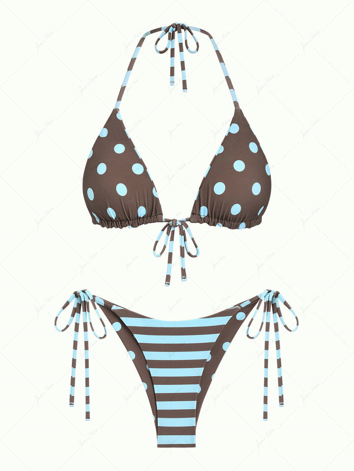 Coffee Striped Polka Dot Triangle Top & Cheeky Brazilian Bottom Reversible Bikini Set