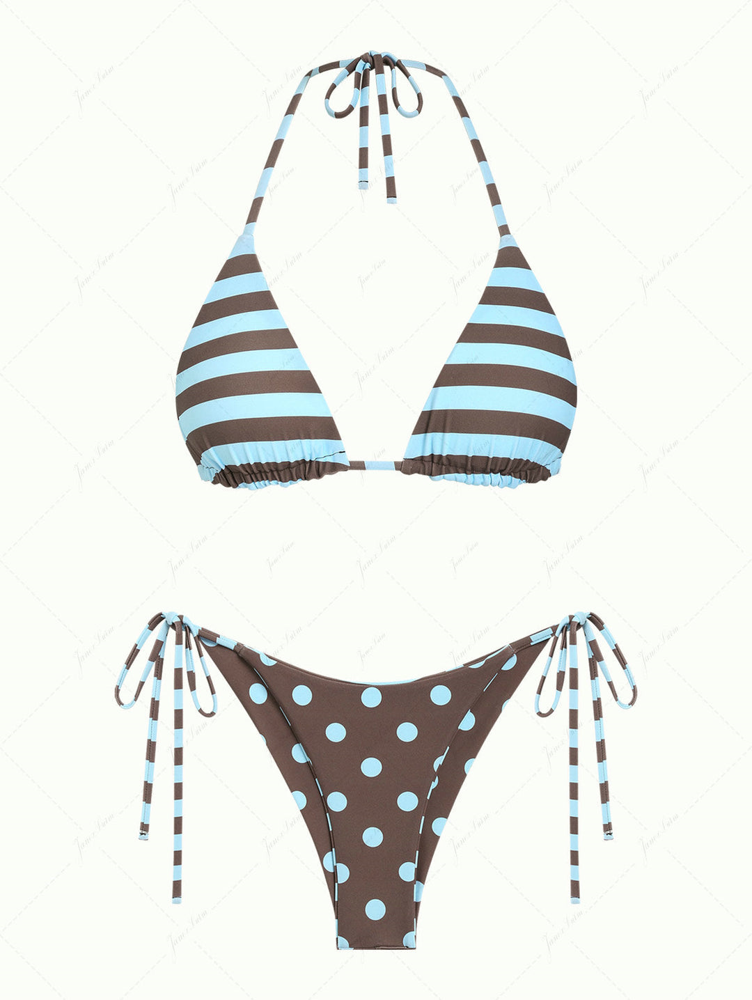 Coffee Striped Polka Dot Triangle Top & Cheeky Brazilian Bottom Reversible Bikini Set