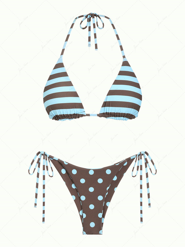Coffee Striped Polka Dot Triangle Top & Cheeky Brazilian Bottom Reversible Bikini Set