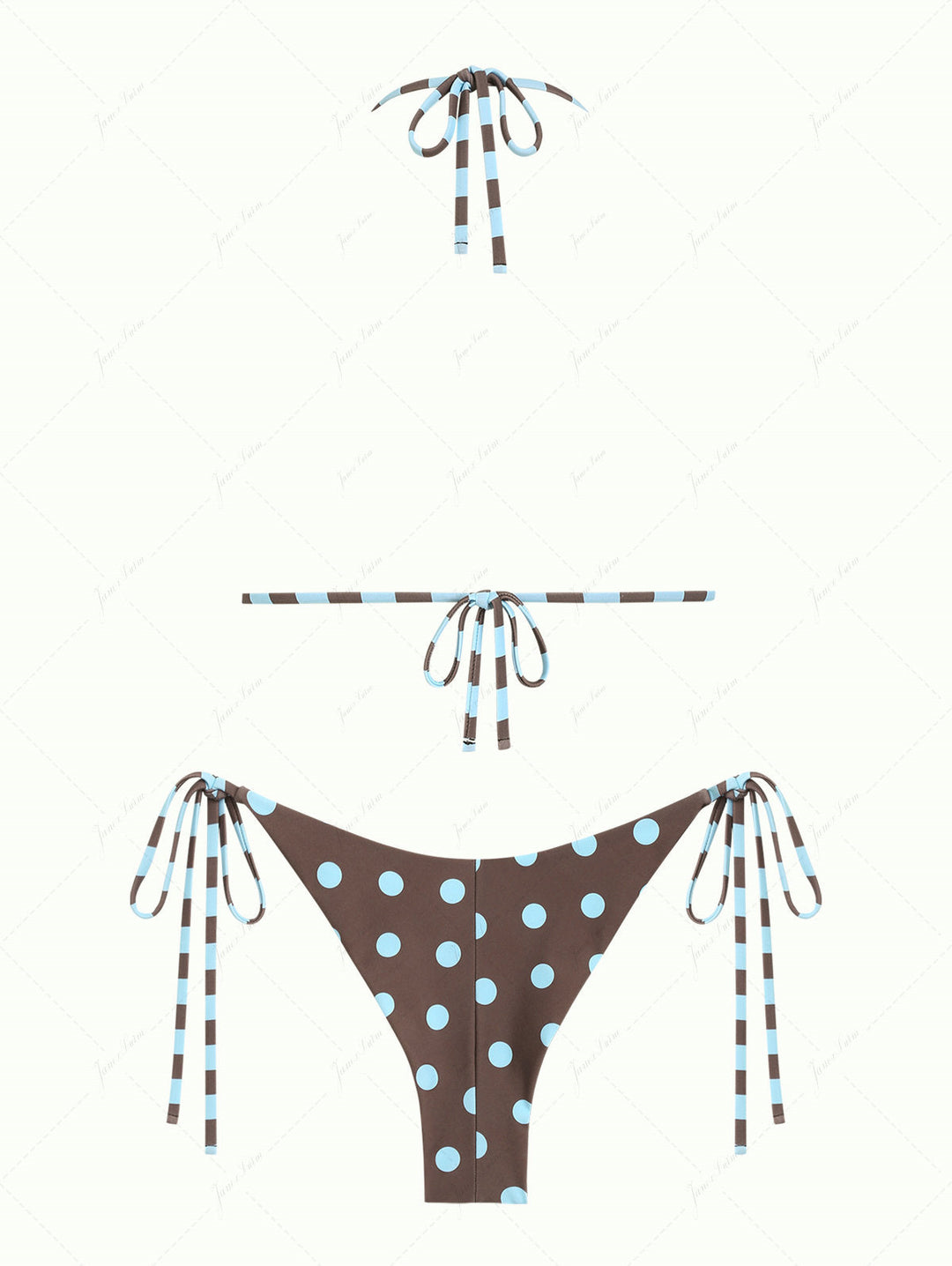 Coffee Striped Polka Dot Triangle Top & Cheeky Brazilian Bottom Reversible Bikini Set