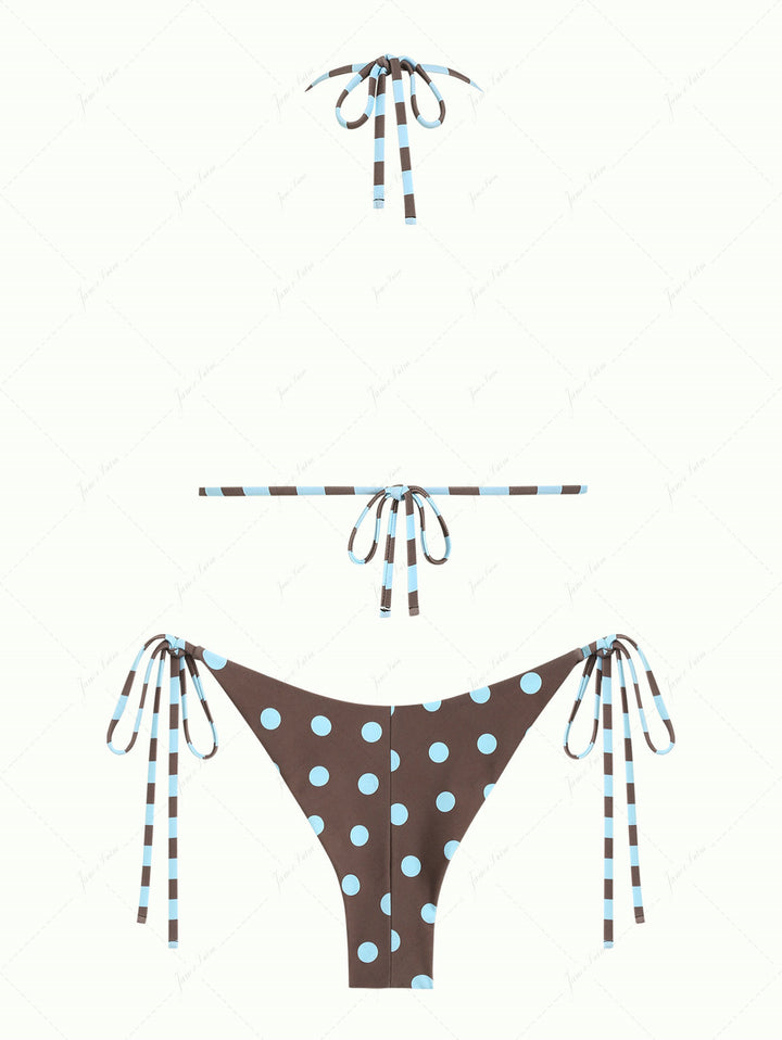 Coffee Striped Polka Dot Triangle Top & Cheeky Brazilian Bottom Reversible Bikini Set