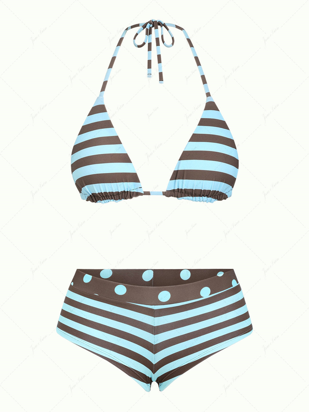 Coffee Striped Polka Dot Triangle Reversible Top & Cheeky Boyshorts Bikini Set