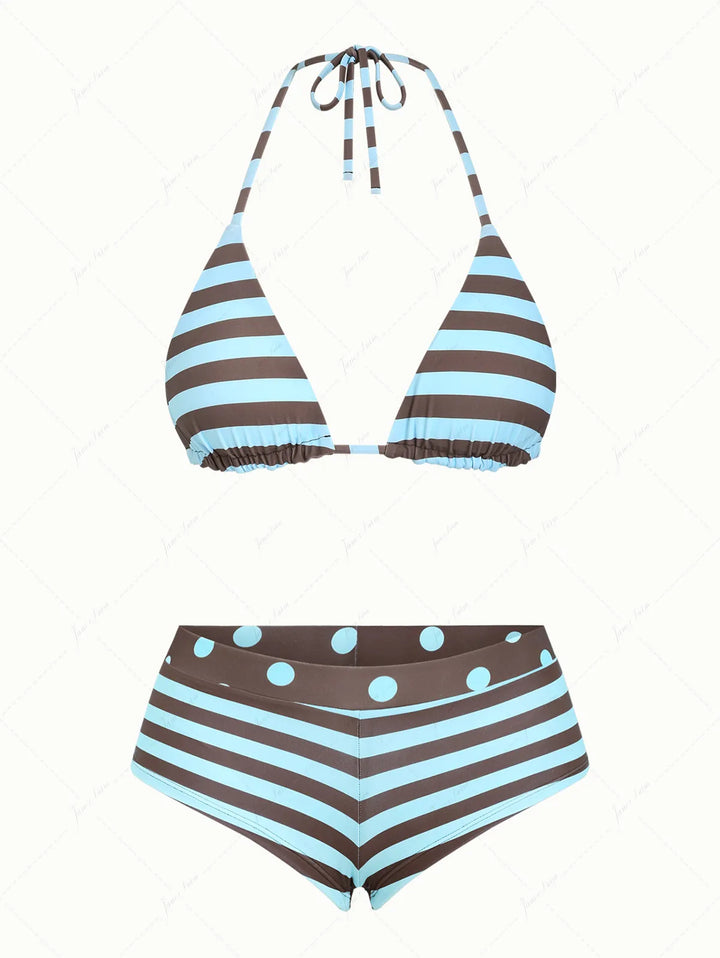 Coffee Striped Polka Dot Triangle Reversible Top & Cheeky Boyshorts Bikini Set
